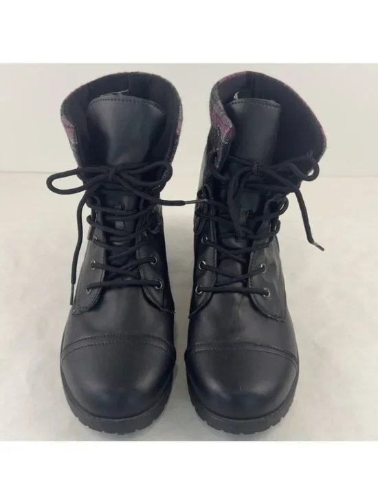 ETC Rue21 Combat Boots Womens Size Large 8/9 Plaid Trim Black Faux Leather - Picture 2 of 12
